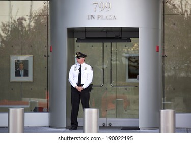 NEW YORK CITY - APRIL 27: Security Officer In The Front Of  Ronald H  Brown United States Mission To The United Nations Building In Manhattan On April 27, 2014 In New York 