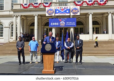 NEW YORK CITY - APRIL 28 2017: Mayor De Blasio Joined Former Mets Players To Honor Pitcher Dwight 