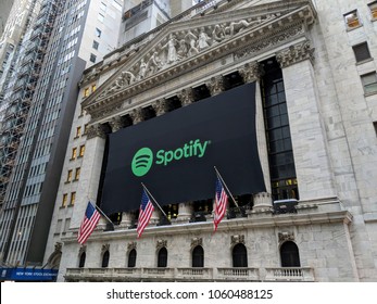 New York City, April 3, 2018 - Banner On The New York Stock Exchange Celebrating The IPO  Of The  Music Streaming Service Spotify.