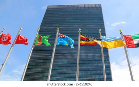 NEW YORK CITY - APRIL 30, 2015: International Flags in the front of United Nations Headquarter in New York