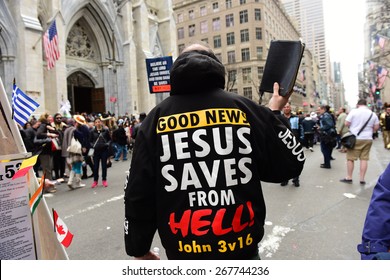 NEW YORK CITY - APRIL 5 2015: thousands of New Yorkers filled 5th Avenue marking Easter Sunday with the tradition Easter Bonnet Parade, a tradition dating from the 1870s. Christian evangelists