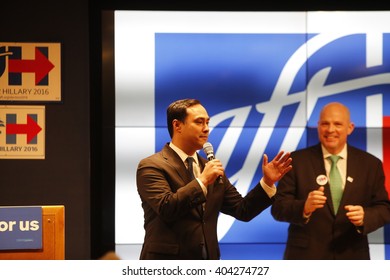 NEW YORK CITY - APRIL 6 2016: Mayor Bill De Blasio Joined United Federation Of Teachers President Michael Mulgrew To Rally Volunteers For Hillary Clinton. US Representative Joaquin Castro