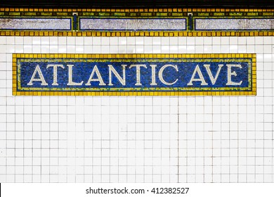 New York City Atlantic Avenue Subway Station With Mosaic Plate Sign. New York City, USA Name Tile Pattern In Subway Station, Manhattan Metropolitan, NYC.