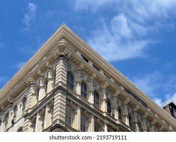 New York City, New York - August 10, 2022: Corner Of A 20th Century Building's Facade