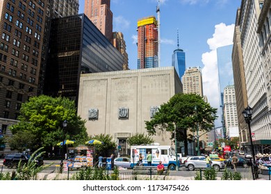 NEW YORK CITY - August 18, 2015: The Triborough Bridge And Tunnel Authority, Ventilation Building And Entrance Of The Hugh L. Carey Tunnel (formerly Called The Brooklyn Battery Tunnel)