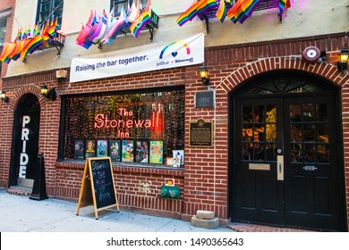 NEW YORK CITY - AUGUST 24, 2019:  Historic Stonewall Inn gay bar in Greenwich Village Lower Manhattan