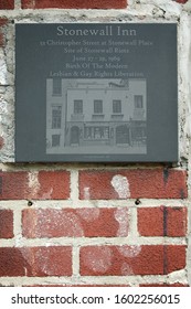 NEW YORK CITY - AUGUST 26, 2011: A Memorial Plaque Hangs On The Stonewall Inn On Christopher Street, The Site Of The Stonewall Riots Of 1969, A Catalyst For The Gay Liberation Movement.