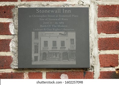 NEW YORK CITY - AUGUST 26, 2011: A Memorial Plaque Hangs On The Stonewall Inn On Christopher Street, The Site Of The Stonewall Riots Of 1969, A Catalyst For The Gay Liberation Movement.