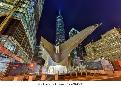 New York City - August 28, 2016: One World Trade Center And The Oculus Transportation Hub Entrance At Night In Lower Manhattan.