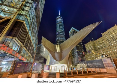 New York City - August 28, 2016: One World Trade Center And The Oculus Transportation Hub Entrance At Night In Lower Manhattan.