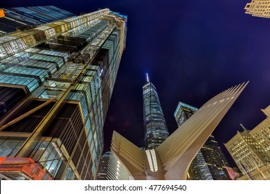 New York City - August 28, 2016: One World Trade Center And The Oculus Transportation Hub Entrance At Night In Lower Manhattan.