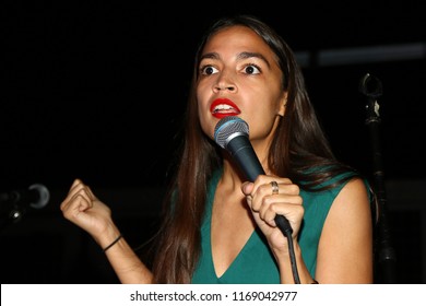 NEW YORK CITY - AUGUST 30 2018: NYS senatorial candidate Julia Salazar was joined by Democratic primary winner Alexandra Ocasio-Cortez in Bushwick to honor campaign workers who canvassed on her behalf