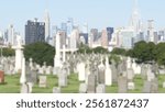 New York City Calvary cemetery in Queens, USA. Manhattan Midtown urban skyline cityscape buildings architecture. Many tombstones on graves, huge graveyard. Large cemetry in United States. Grass lawn.