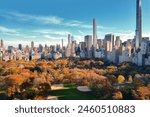 New York City Central Park. Top view with Autumn tree. Autumn Central Park view from drone. Aerial of NY City, panorama in Autumn. Autumn in Central Park. Central Park Fall Colors of foliage.