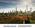 New York City Central Park. Top view with Autumn tree. Autumn Central Park view from drone. Aerial of NY City, panorama in Autumn. Autumn in Central Park. Central Park Fall Colors of foliage.