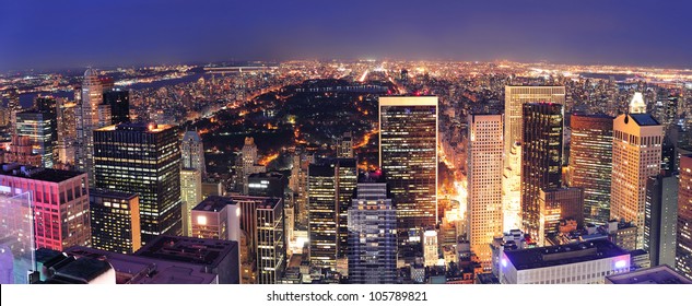 New York City Central Park Panorama Aerial View At Night.