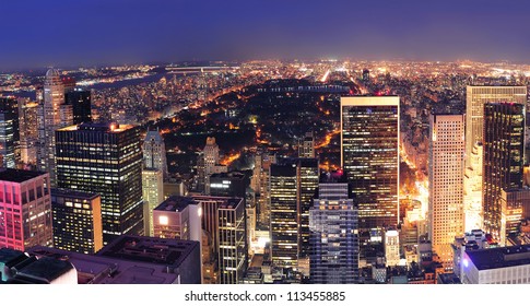 New York City Central Park Panorama Aerial View At Night.