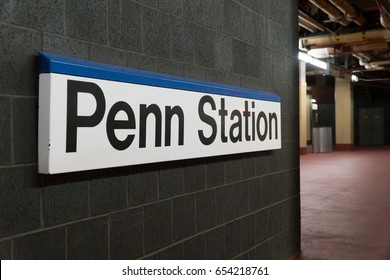 New York City, Circa 2017: Penn Station sign on underground platform level. LIRR Long Island Railroad, Amtrak, New Jersey Transit terminal hub