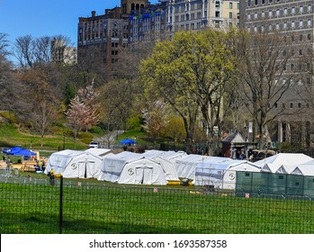 NEW YORK CITY CIRCA APRIL 2020. As the COVID-19 coronavirus cases increase exceeding hospital capacity, mobile field hospitals such as this one in Central Park help alleviate strains to treat patients