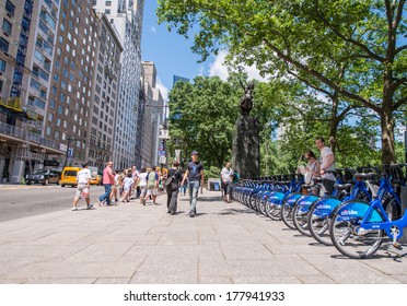 NEW YORK CITY - CIRCA JUNE 2013: Row Of Blue Bikes Along City Streets. NYC Bike Share System Started In Manhattan And Brooklyn On May 27, 2013.