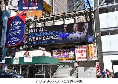 NEW YORK CITY CIRCA MARCH 2020. As The COVID-19 Coronavirus Pandemic Broadens In Scope, Public Signs Across Manhattan Give Thanks To The First Responders And Health Care Workforce