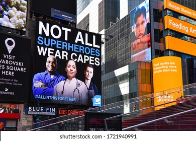 NEW YORK CITY CIRCA MARCH 2020. As the COVID-19 coronavirus pandemic broadens in scope, public signs across Manhattan give thanks to the First responders and health care workforce