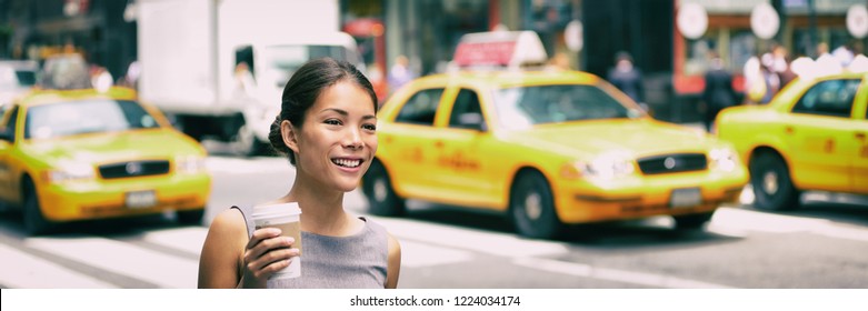 New York City Commute - Asian Business Woman Walking To Work In The Morning Commuting Drinking Coffee Cup On NYC Street With Yellow Cabs In The Background Banner. People Commuters Lifestyle.