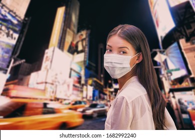 New York City COVID-19 Coronavirus Cases. NYC Quarantine Travel Ban Asian Woman Wearing Face Mask Walking At Night In Times Square. Corona Virus. Composite.