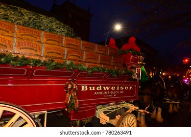 NEW YORK CITY - DECEMBER 06 2017: Budweiser's legendary Clydesdales delivered cases of beer to two of Brooklyn's most prodigious consumers of their famous brand.