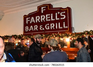 NEW YORK CITY - DECEMBER 06 2017: Budweiser's legendary Clydesdales delivered cases of beer to two of Brooklyn's most prodigious consumers of their famous brand. Interior of Farrell's Bar & Grill