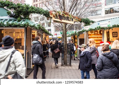 NEW YORK CITY - DECEMBER 14, 2018:  View Of People Christmas Shopping At The Union Square Greenmarket And Holiday Market Boutiques In Manhattan.