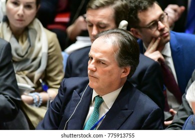 NEW YORK CITY - DECEMBER 15 2017: The United Nations Security Council met in special session to debate alleged North Korean Nuclear proliferation. UK Minister for Asia & Pacific Mark Field