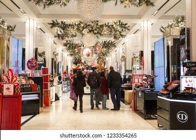 NEW YORK CITY - DECEMBER 17, 2017:  View From The Inside Of The Famous Macy's Department Store At Herald Square In Manhattan During Christmas Holiday Season With People Shopping.