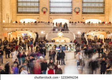 NEW YORK CITY - DECEMBER 17, 2017:  View Of The Inside Of Grand Central Station Terminal In Manhattan At Holiday Time With Crowd Of People