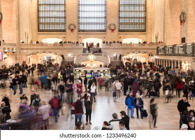 NEW YORK CITY - DECEMBER 17, 2017:  View Of The Inside Of Grand Central Station Terminal In Manhattan At Holiday Time With Crowd Of People