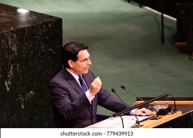 NEW YORK CITY - DECEMBER 22 2017: The UN General Assembly Voted To Condemn US Recognition Of Jerusalem As Israel's Capital. Israeli Ambassador Danny Danon Holds Antique Sheckel Aloft