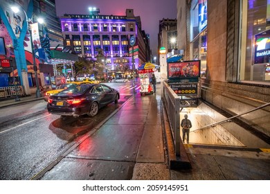 NEW YORK CITY - DECEMBER 2nd, 2018: Manhattan Subway Entrance At Night