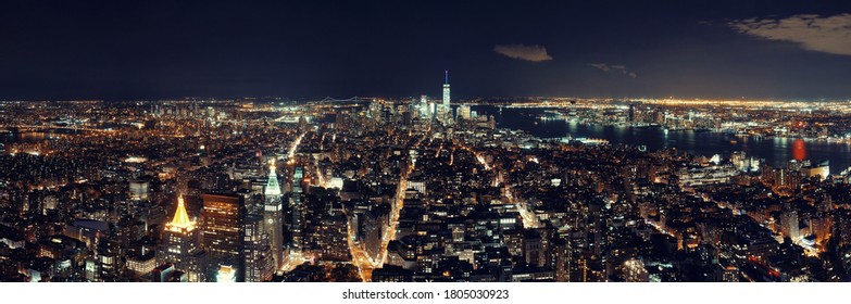 New York City Downtown Skyline Panorama Night View.