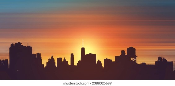 New York City downtown skyline buildings silhouetted against the colorful sky with the light of sunset in the background