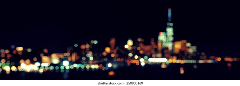 New York City Downtown Skyline Out Of Focus Bokeh Panorama At Night