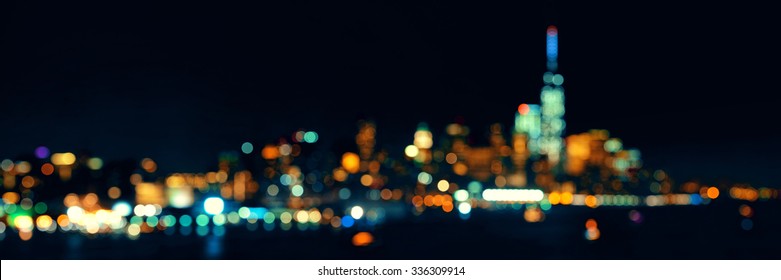 New York City Downtown Skyline Out Of Focus Bokeh Panorama At Night