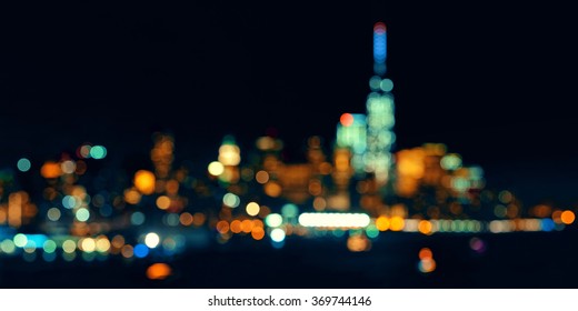 New York City Downtown Skyline Out Of Focus Bokeh Panorama At Night