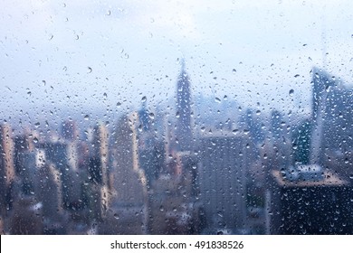 New York City : Empire State Building Window View With The Rain Outside, Manhatta, USA