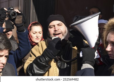 NEW YORK CITY - FEBRUARY 13 2015: Members Of The Muslim Community Staged A Vigil To Call For Justice In The Killing Of Three Muslim Chapel Hill Students. Organizer Zainab Khalid Addresses Rally