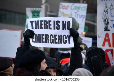 New York City, February 18, 2019 - People protesting President Trump's National Emergency in Union Square, Manhattan.