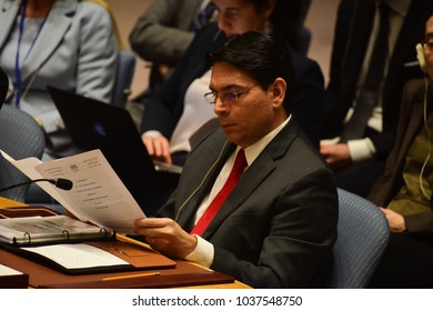 NEW YORK CITY - FEBRUARY 19 2018: Palestinian Authority President Mahmoud Abbas Appear On Hand With The Rest Of The Palestinian UN Delegation. Israeli Representative Danny Danon