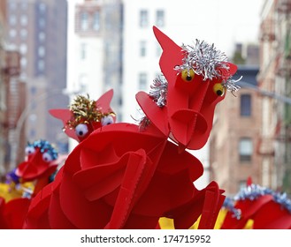 NEW YORK CITY - FEBRUARY 2 2014: Chinese Lunar New Year, The Year Of The Horse, Was Celebrated By A Parade In Manhattan's Chinatown. Stylized Red Horse Awaiting Entry Into Parade