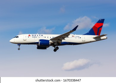 New York City, New York – February 29, 2020: Delta Air Lines Airbus A220-100 airplane at New York JFK airport (JFK) in New York.