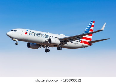 New York City, New York - February 29, 2020: American Airlines Boeing 737-800 airplane at New York JFK Airport in the United States.