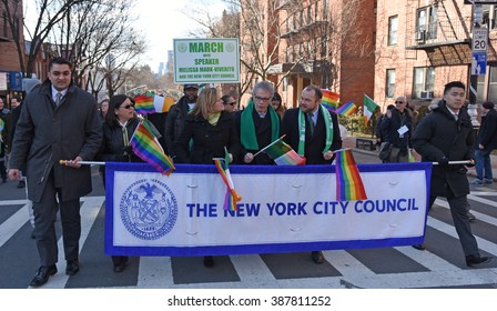 NEW YORK CITY - FEBRUARY 6 2016: Mayor Bill De Blasio And Members Of The NYC City Council Marched In Sunnyside's Annual St. Pat's For All Parade. New York City Council Members March Behind Banner